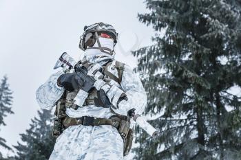 Winter arctic mountains warfare. Action in cold conditions. Trooper with weapons in forest somewhere above the Arctic Circle. Low angle view