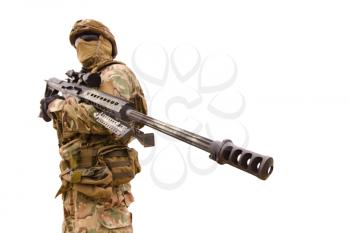 Equipped special forces soldier with sniper rifle isolated on white background
