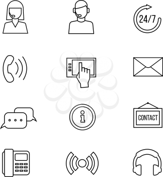 Contact or support vector line icons. Communicate helpline and online support, help operator and communication outline signs
