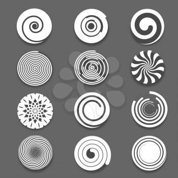 Motion spiral or swirl vector icons. Spinning white spiral and twist spiral signs, white spiral elements