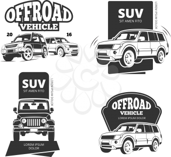 Suv car vector badges and offroad labels. Suv offroad car logo set or 4x4 transport emblems