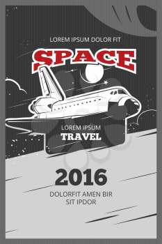 Vintage astronautics vector poster. Astronautic banner space, astronautics  shuttle, astronautics rocket illustration