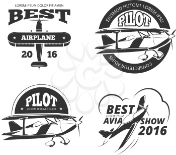 Retro airplane, aircraft vector labels set. Best pilot label, aeroplane or monoplane badge, emblem airplane transport, avia show airplane logo illustration