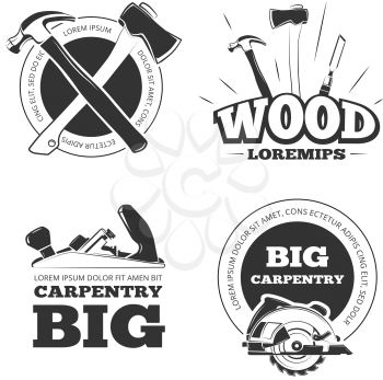 Vintage carpentry vector labels, emblems, badges and logos set. Carpentry emblem and label, tool for carpentry industry illustration