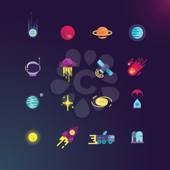 Space and vector flat icons set. Space rocket and planet, spaceship and satellite in universe, space rocket technology and comet illustration