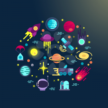 Space abstract background with flat space icons in circle composition. Space exploration infographic element