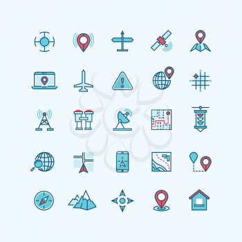 Maps and location flat vector icons. Navigation global location with gadget phone, compass and search location on laptop illustration