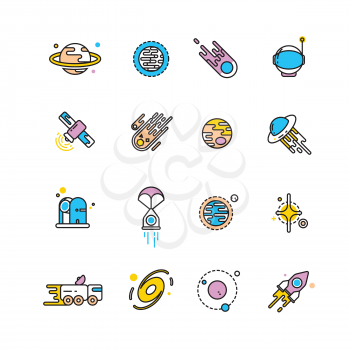 Cosmos exploration flat icons with planets and rockets. Exploration interstellar and icon set universe vehicle for exploration space. Vector illustration