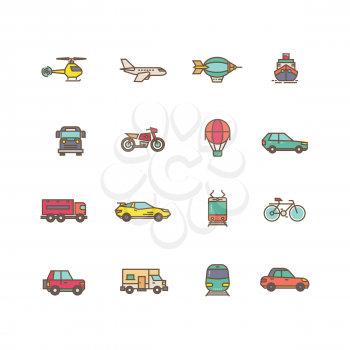Transportation flat vector icons set. Air transport helicopter and plane and dirigible. Transport road bus bike and car illustration