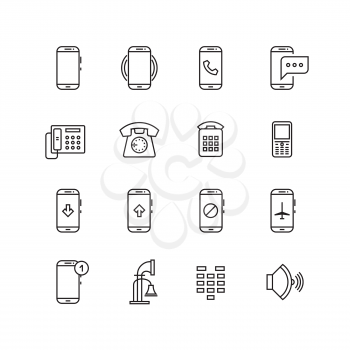 Phone, telephone, smartphone devices and communication vector line icons. Phone smartphone and mobile phone communication, device technology illustration