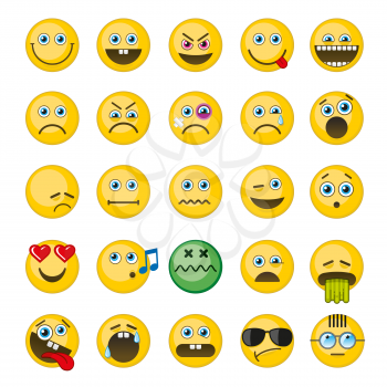 Emoji, emoticons vector icons set. Emotion smiley, angry smiley, cheerful funny smiley, barf smiley illustration