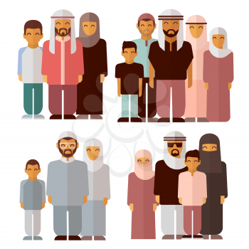 Arabic family in traditional muslim clothes. Muslim family, muslim traditional people, muslim culture. Vector illustration