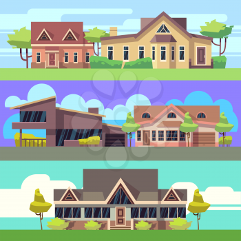Vector horizontal banners set with residential houses. Building house or home, banner with architecture house illustration