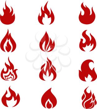Red fire flames symbols, icons vector set. Fire power tattoo and hot flame fire for brand or logo illustration
