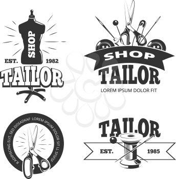 Tailor shop vector labels, badges, logos, emblems. Tailor label element for shop and equipment monochrome spool and scissor tailor shop illustration