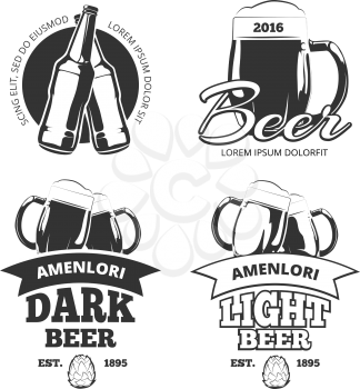 Vintage craft beer brewery vector emblems or labels. Beer alcohol beverage logo set with glass and bottle. Lager and ale beer badges for pub, vector illustration