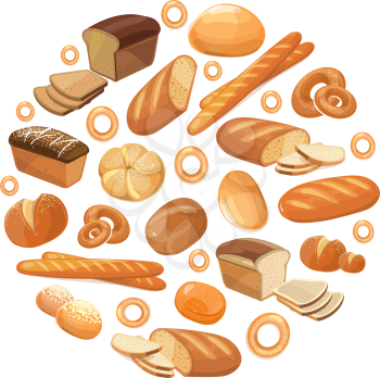 Food bread rye wheat whole grain bagel sliced french baguette croissant vector icons in circle. Bakery products for breakfast, illustration of loaf and snack bakery