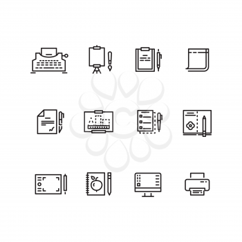 Writing tools linear icons. Tool tablet and pen for writing and drawing, equipment to writing vector illustration