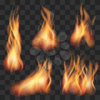 Vector realistic transparent fire flame set. Fire hot, flame fire, blaze fire illustration