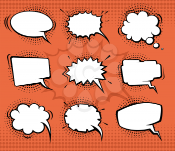Comic speech bubbles, funny balloons with halftone shadows. Vector set illustration. Bubble comic for speech and think, chat bubble communication set
