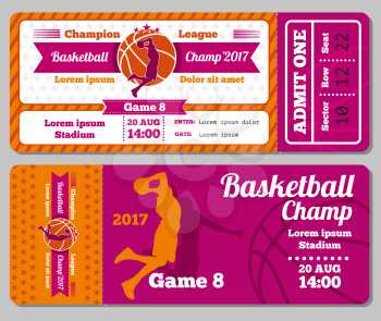 Modern basketball ticket vector template. Ticket for stadium to basketball play match. Competition tournament and basketball champ game illustration