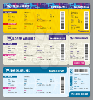 Airplane vector traveling tickets template. Ticket to airplane and flight ticket pass illustration