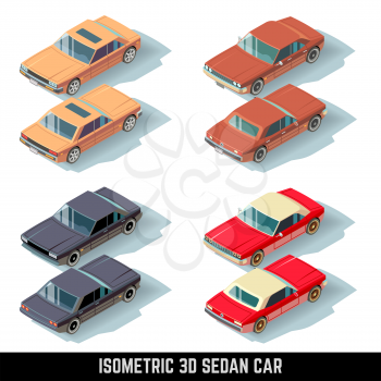 Isometric 3D sedan car, city transport vector icons. Transport car for traffic, auto car set isometric icon illustration