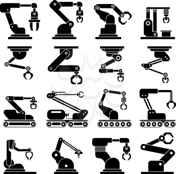 Industrial mechanical robot arm vector icons. Automotive system robotic industrial. Tool industrial automatic mechanical illustration