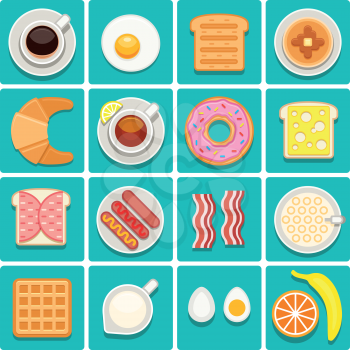 Breakfast food and drinks vector flat icons. Coffee of cup with sausage breakfast. Restaurant breakfast egg sandwich and tea illustration