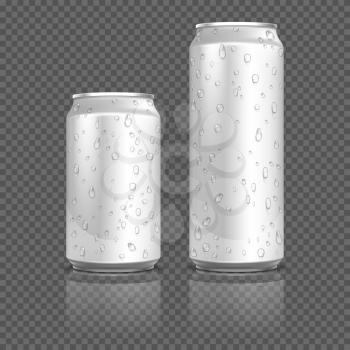 Realistic aluminum cans with water drops. Container bank metal for beverage, aluminum container with liquid. Stock vector illustration