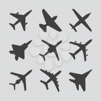 Airplane, aircraft vector icons. Set of airplane silhouette and fighter airplane illustration