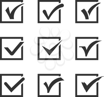 Check marks, ticks in boxes confirmation, positive vector icons. Positive check choice and vote correct positive illustration