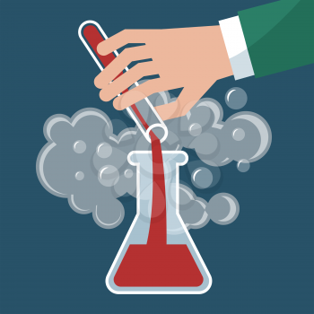 Chemistry, chemical experiment vector illustration. Hand with bulb and test-tube. Science experiment or research medical test