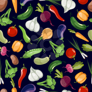 Assorted vegetables vector seamless pattern on black background. Pattern with colored vegetable and illustration of harvest vegetable