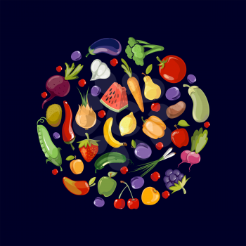 Fruits and vegetables organic food icons in circle design. Food of fruits organic and illustration vegetables and fruits
