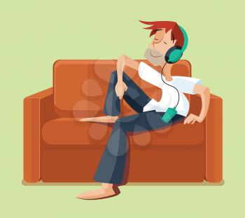 Man resting on sofa couch indoor and listening music. Listen music with headphone, resting with music on sofa. Vector illlustration