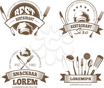 Vector restaurant labels, emblems, badges, logos for menu design. Emblem for restaurant or snackbar, logo and sticker for menu restaurant illustration