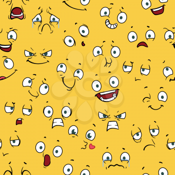 Seamless vector pattern with cute cartoon faces. Pattern with grimace face and happiness face caricature illustration