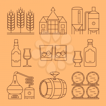 Whisky line vector icons set. Whisky process and industry outline symbols. Vector illustration