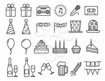 Party birthday holidays icons thin line vector outline icons set. Happy party with champagne and music, illustration carnival and party with drink and cake