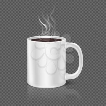 White steam over coffee or tea cup on dark plaid background. Beverage coffee in ceramic cup, morning mug of coffee. Vector illustration