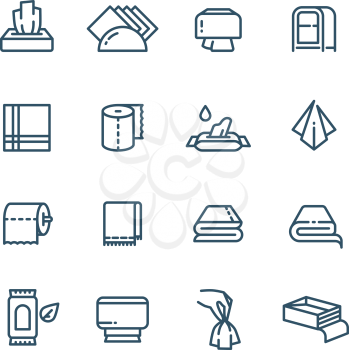 Textile towel and wet paper napkin line vector public sanitary icons. Hygiene and sanitary towel for bathroom or restroom illustration
