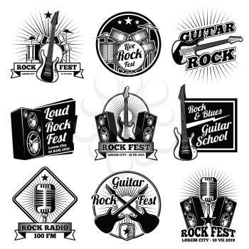 Rock and roll music vector labels. Vintage heavy metal emblems set. Rock music emblem for festival or radio illustration