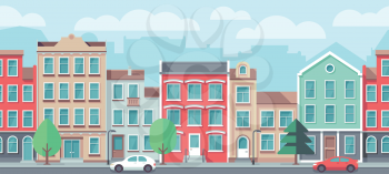 Vector cityscape with old apartment houses. Vector seamless town street. City europe facade building illustration