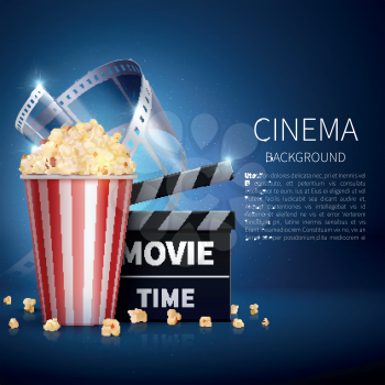 Cinema 3d movie vector background with popcorn and vintage film. Retro cinema poster. Banner cinema and movie film illustration