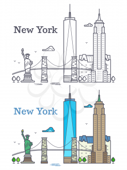 New York city outline skyline, nyc line silhouette, usa tourist and travel concept. Nyc building architecture illustration
