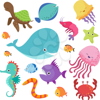 Cartoon childrens aquarium and wild sea fishes vector set. Fish and sea animal, nature marine underwater wildlife illustration
