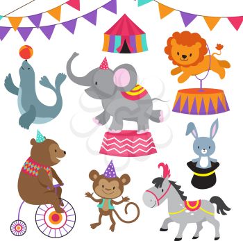 Circus child show cartoon animals vector set. Circus carnival with animals lion bear, elephant and monkey illustration