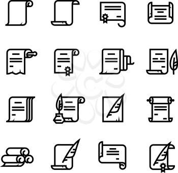 Ancient paper scrolls and documents vector icons. Simple diploma symbols. Illustration of ancient document certificate paper, linear diploma scroll