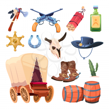 Wild west cartoon set. Cowboy boots, hat and gun. Bull skull, tomahawk, drink, dessert flower isolated on white background. Illustration of cactus and sheriff star, gun and horseshoe